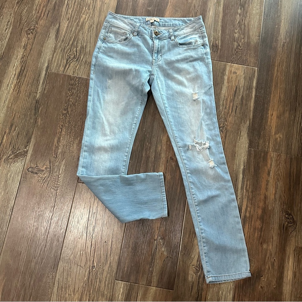 CAbi light blue distressed denim jeans size 2 women's pants holey ripped